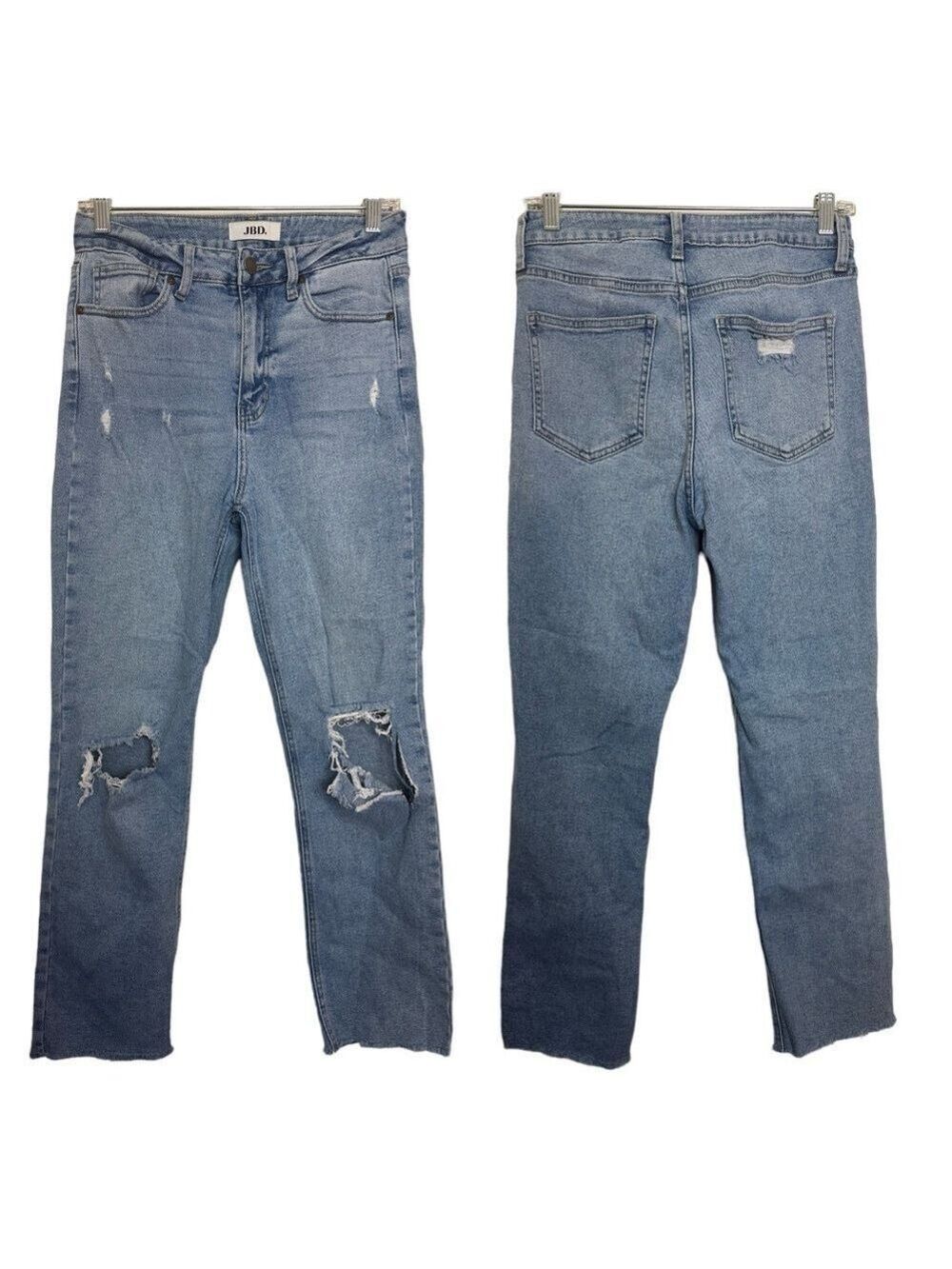 Just Black Denim Distressed Destroyed Light Wash Straight Leg Raw Hem Blue Jeans